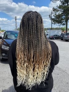 ombre black to blond knotless braids with wavy ends